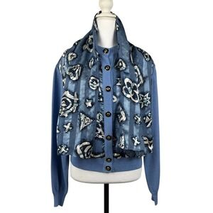 St John Collection Knit Cardigan Womens M Blue Abstract Silk‎ Lining & Scarf VTG